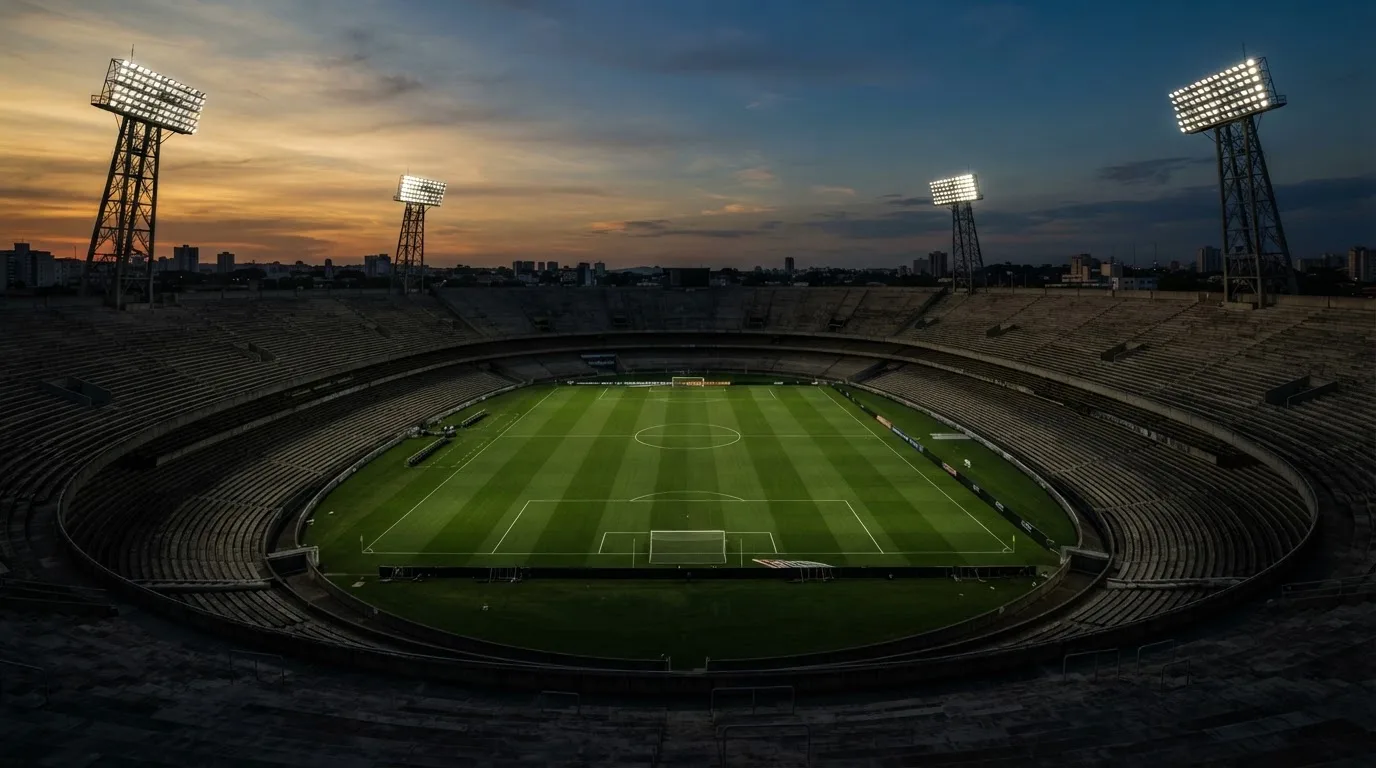 An empty football stadium with floodlight masts at dusk