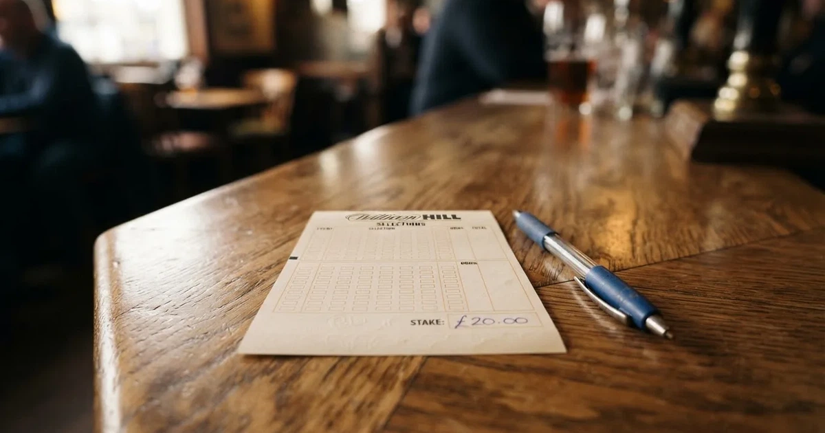 A blank paper betting slip beside a pen on a wooden counter