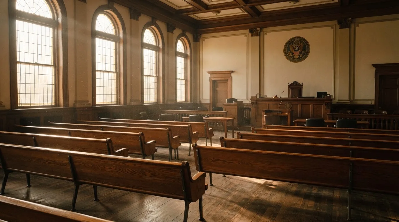 An empty courtroom with wooden benches in morning light