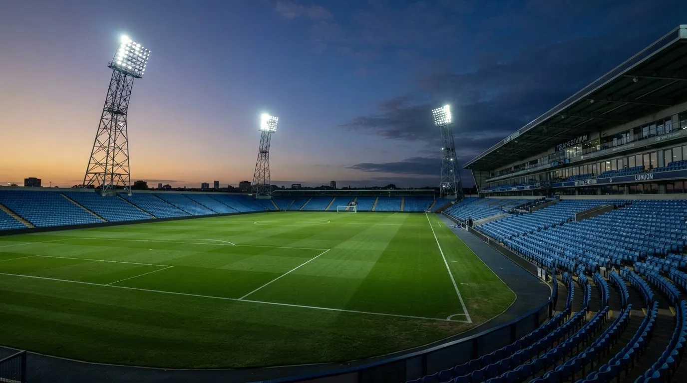 An empty football stadium with floodlight masts at dusk
