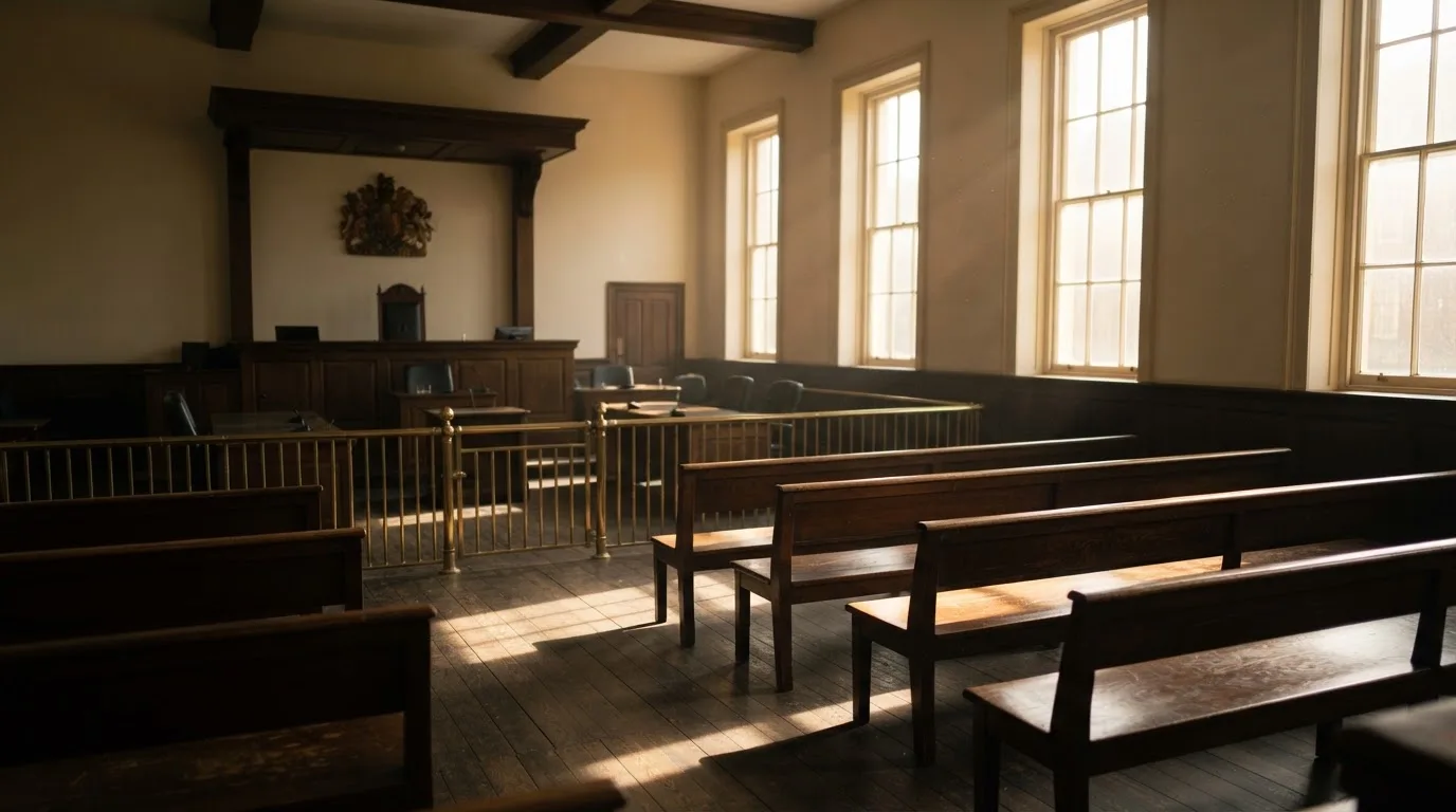 An empty courtroom with wooden benches in morning light