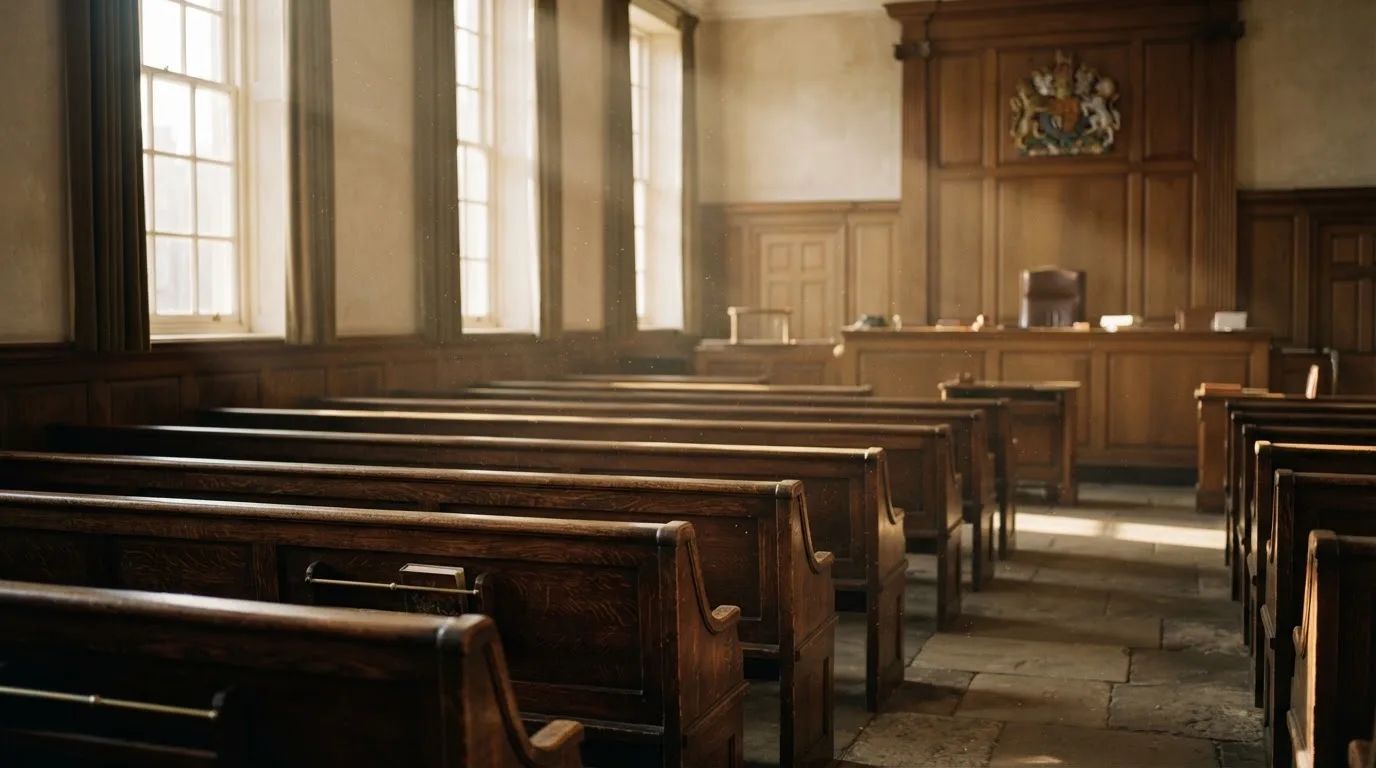 An empty courtroom with wooden benches in morning light