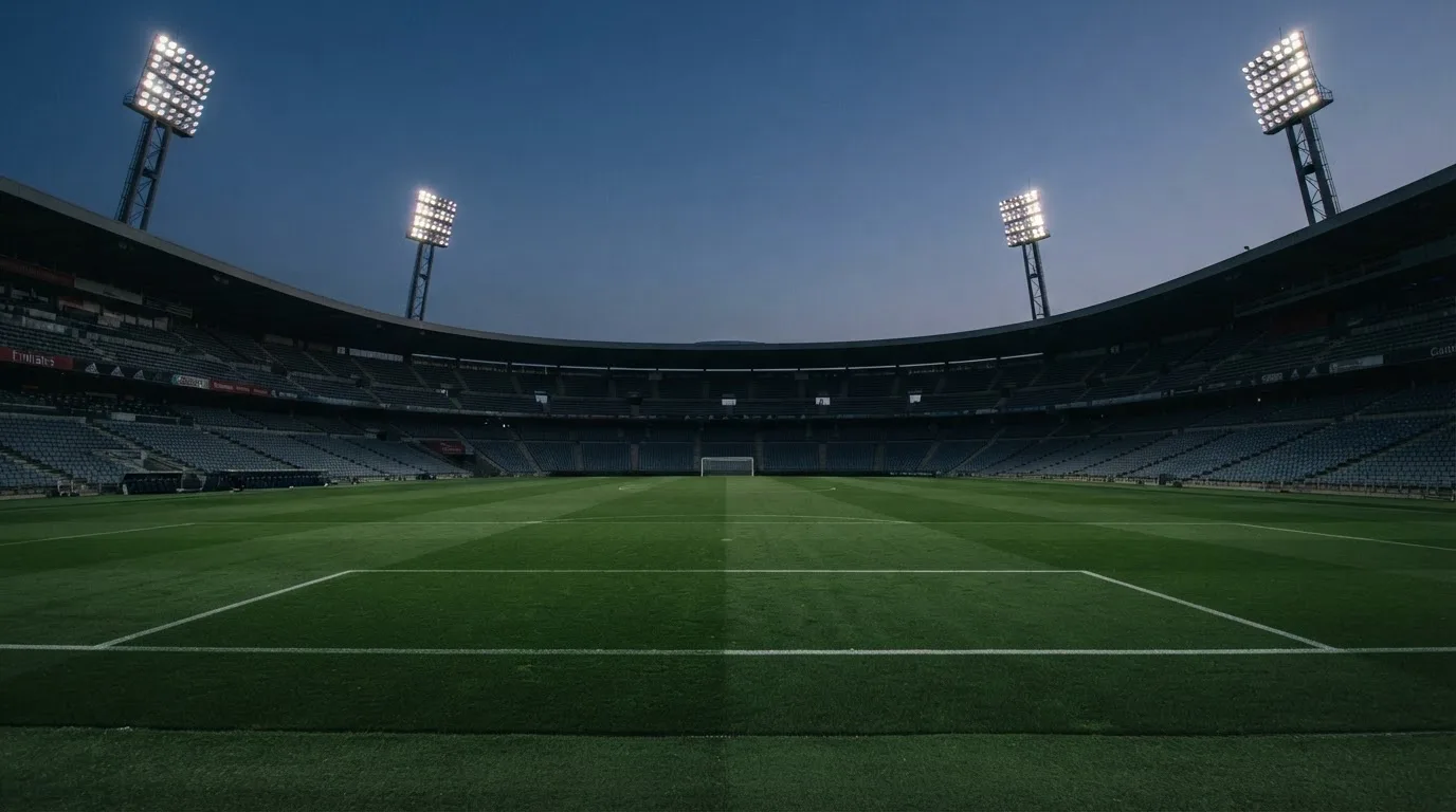 An empty football stadium with floodlight masts at dusk