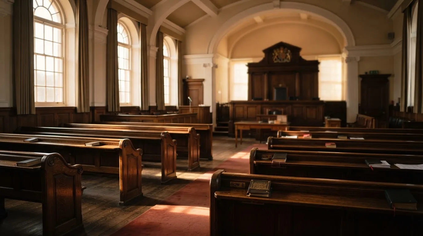 An empty courtroom with wooden benches in morning light