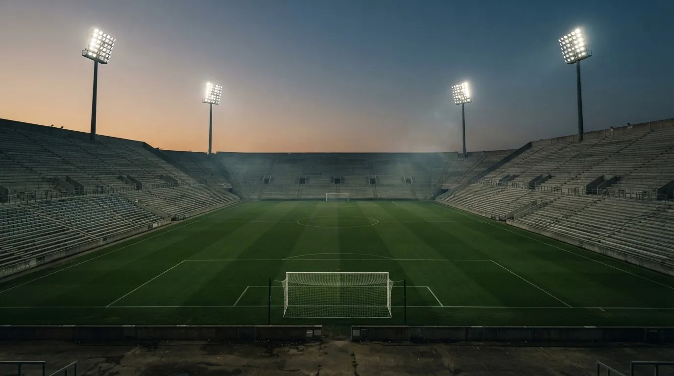 An empty football stadium with floodlight masts at dusk
