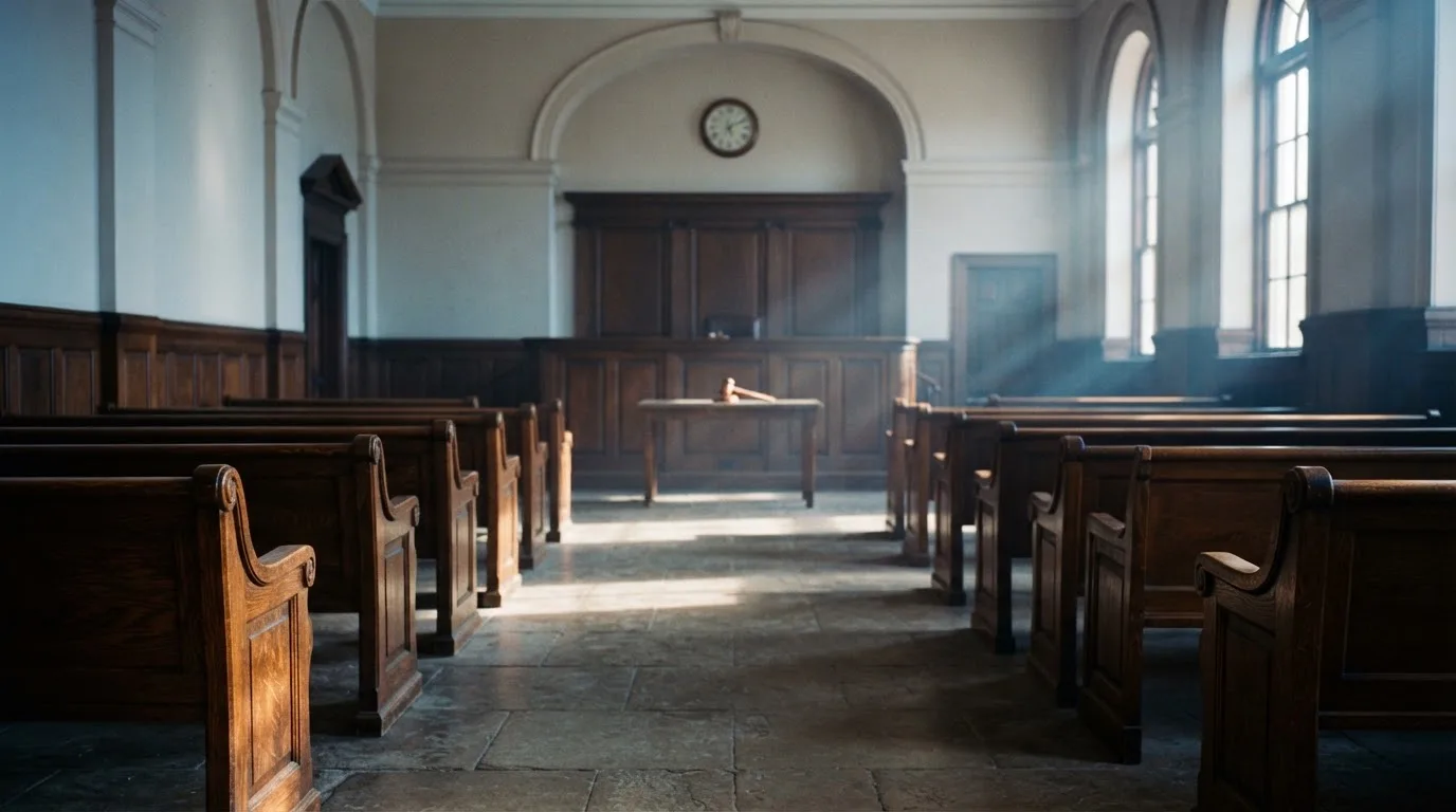 An empty courtroom with wooden benches in morning light