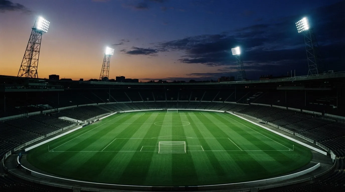 An empty football stadium with floodlight masts at dusk