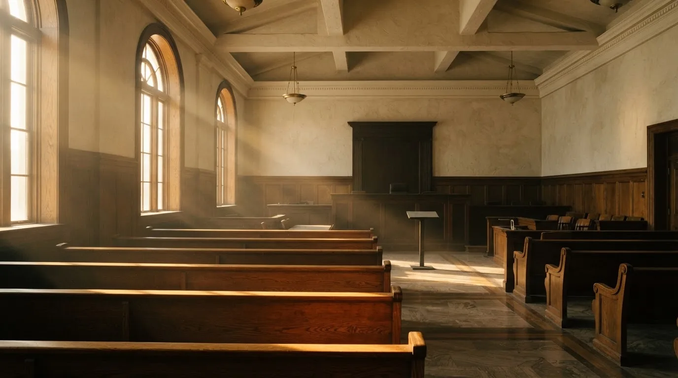 An empty courtroom with wooden benches in morning light
