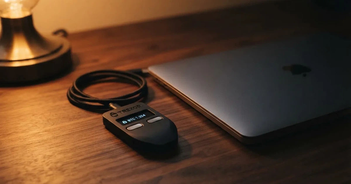 A hardware wallet and a closed laptop on a desk in dim light