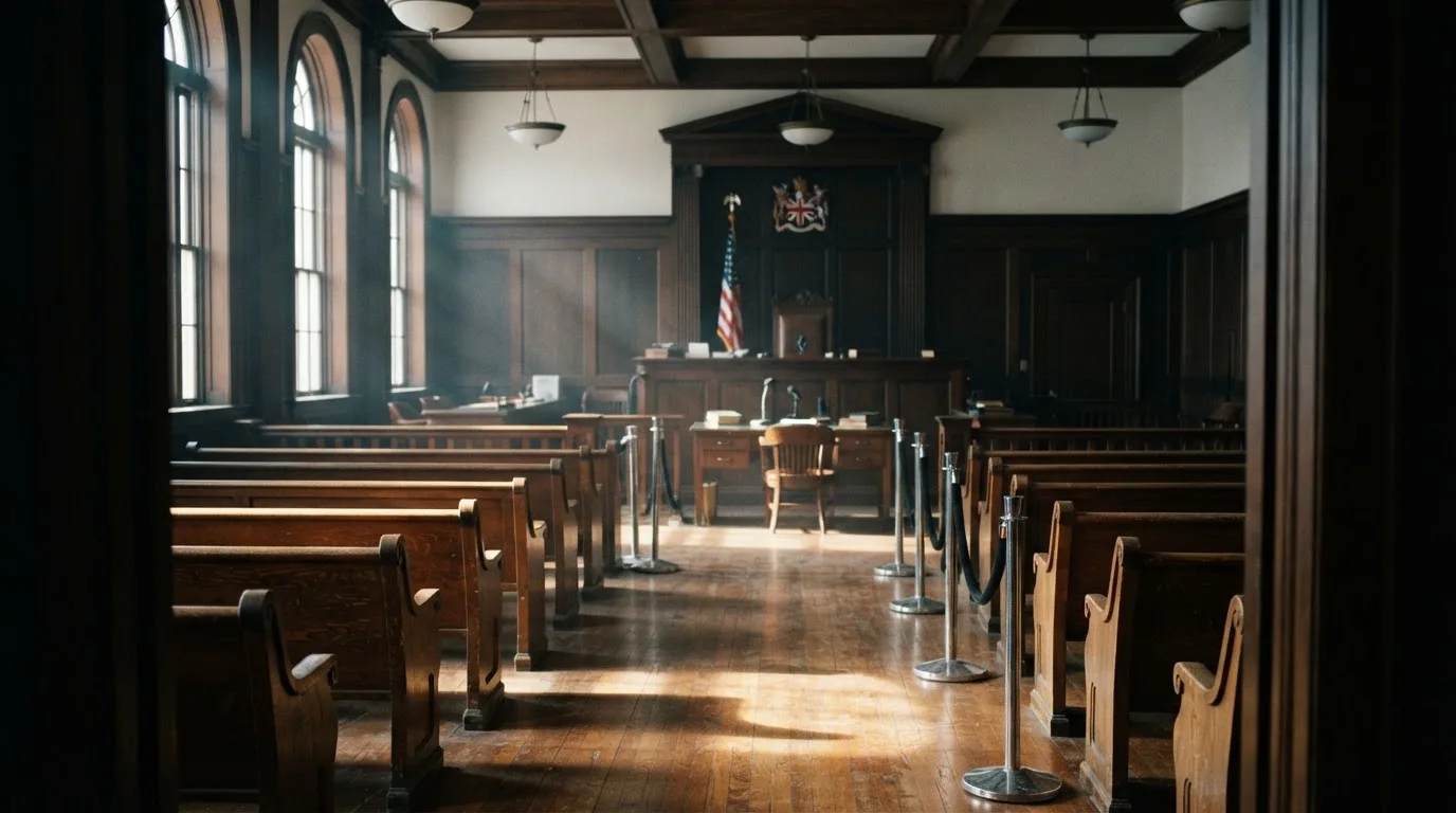 An empty courtroom with wooden benches in morning light