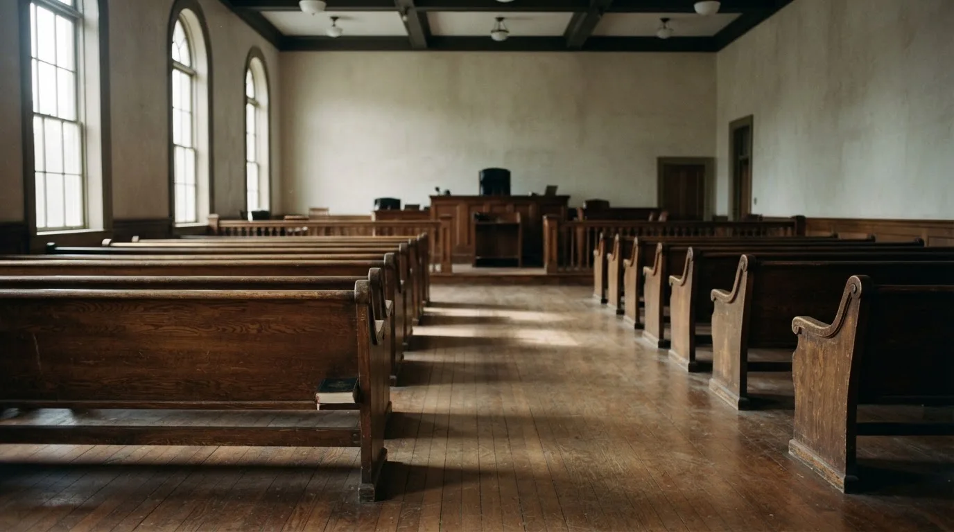 An empty courtroom with wooden benches in morning light