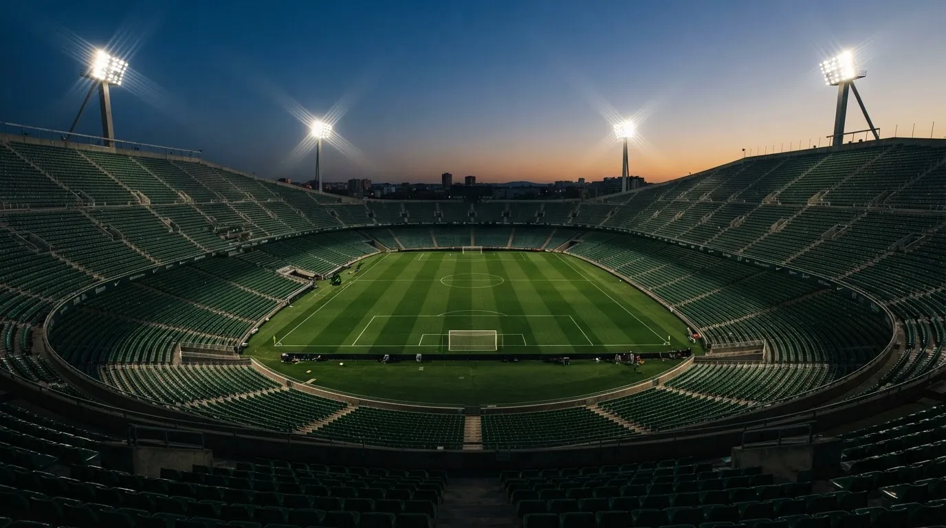 An empty football stadium with floodlight masts at dusk