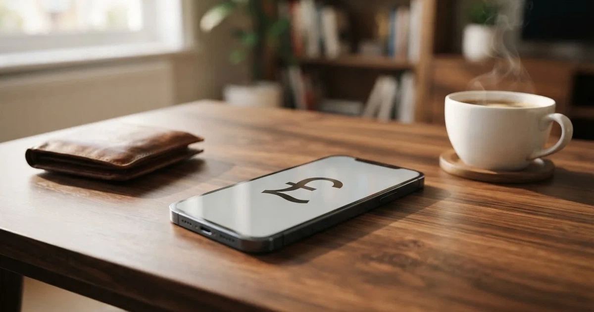 A smartphone on a wooden table beside a wallet and a coffee cup