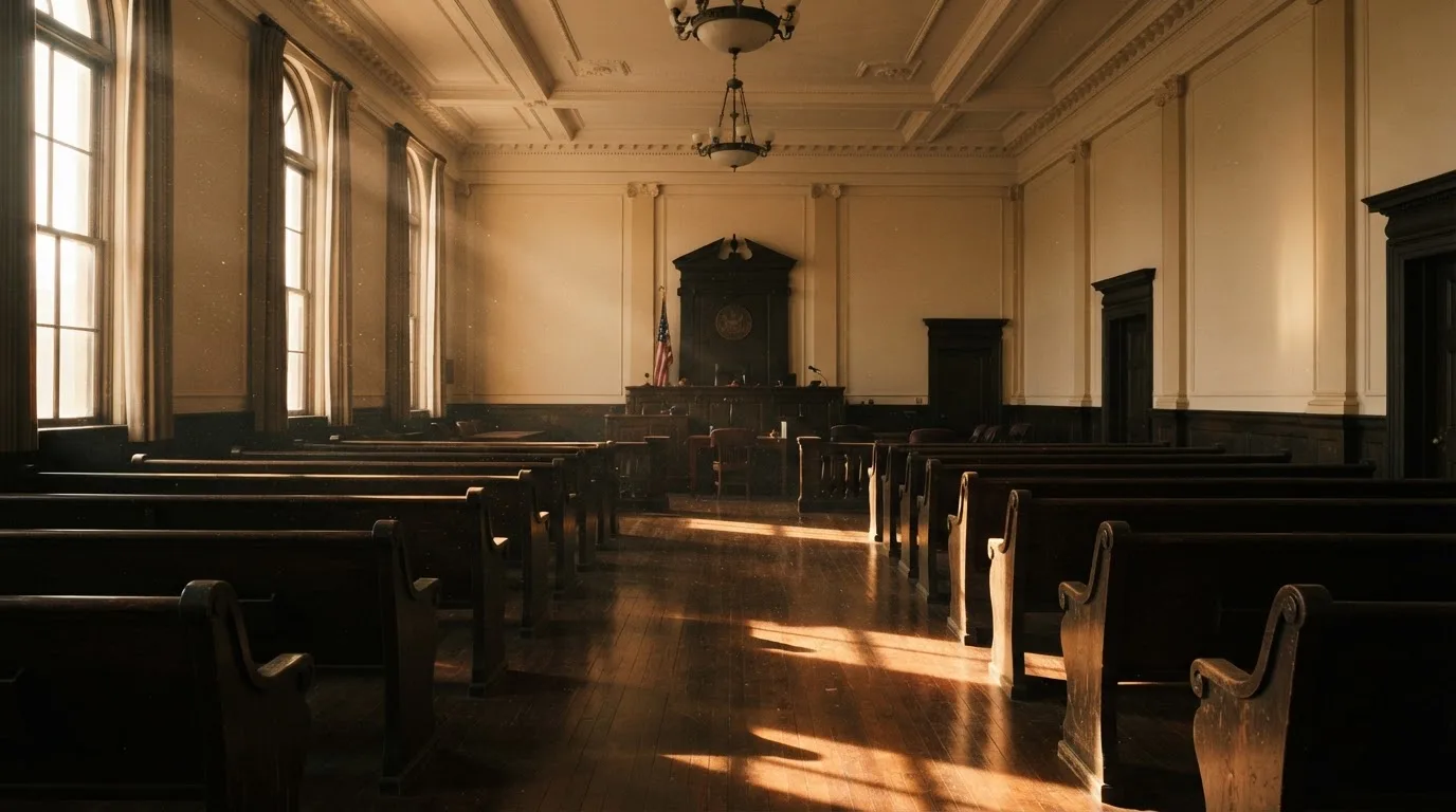 An empty courtroom with wooden benches in morning light