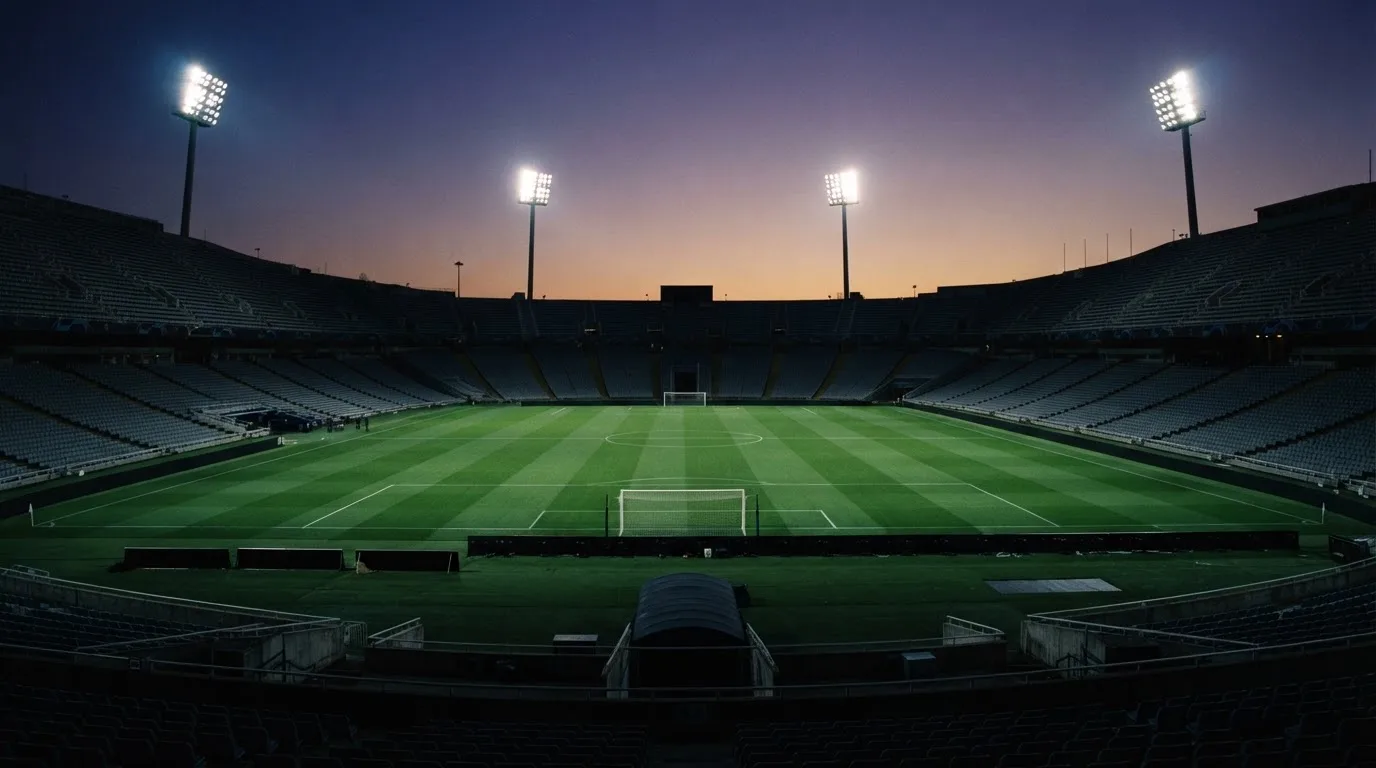 An empty football stadium with floodlight masts at dusk