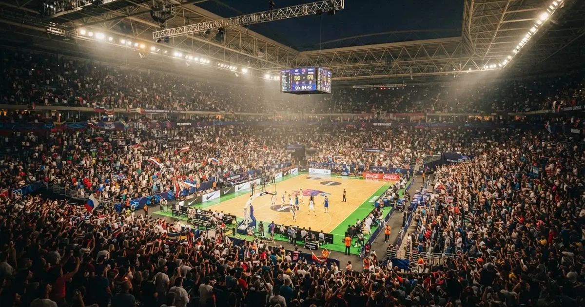 A packed sports hall under floodlights photographed from a long way off