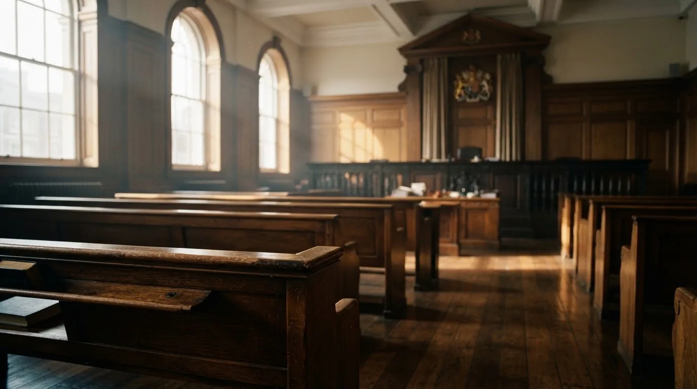 An empty courtroom with wooden benches in morning light