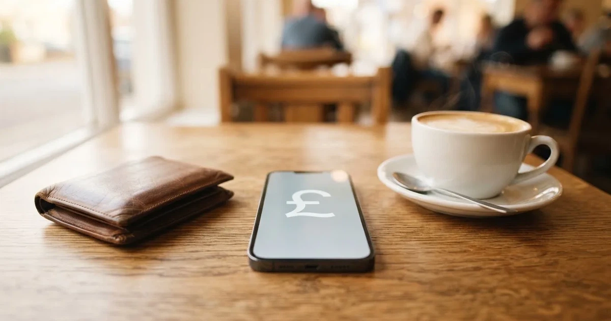 A smartphone on a wooden table beside a wallet and a coffee cup