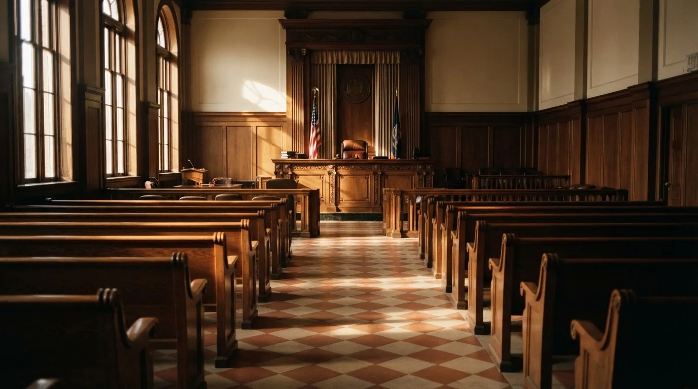 An empty courtroom with wooden benches in morning light