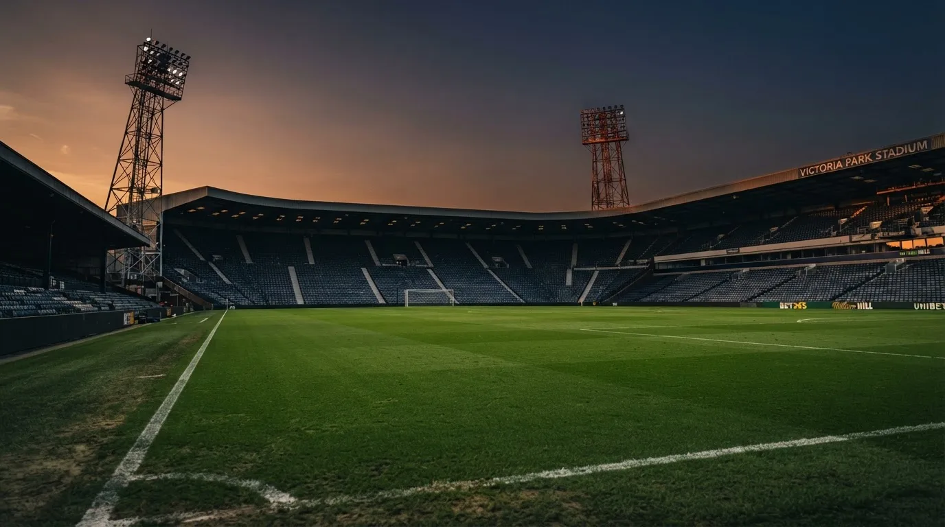 An empty football stadium with floodlight masts at dusk