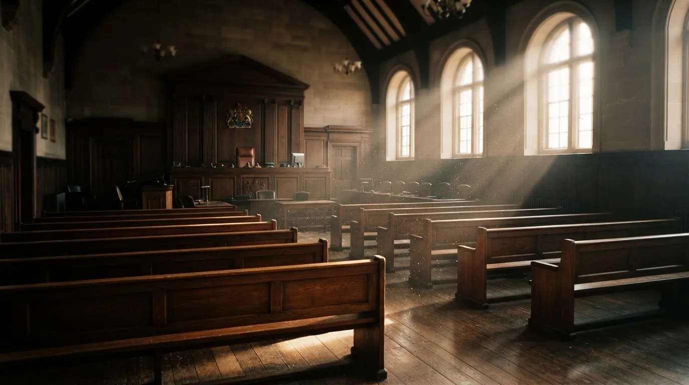 An empty courtroom with wooden benches in morning light