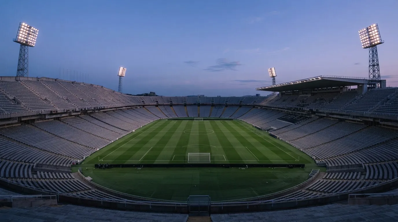 An empty football stadium with floodlight masts at dusk