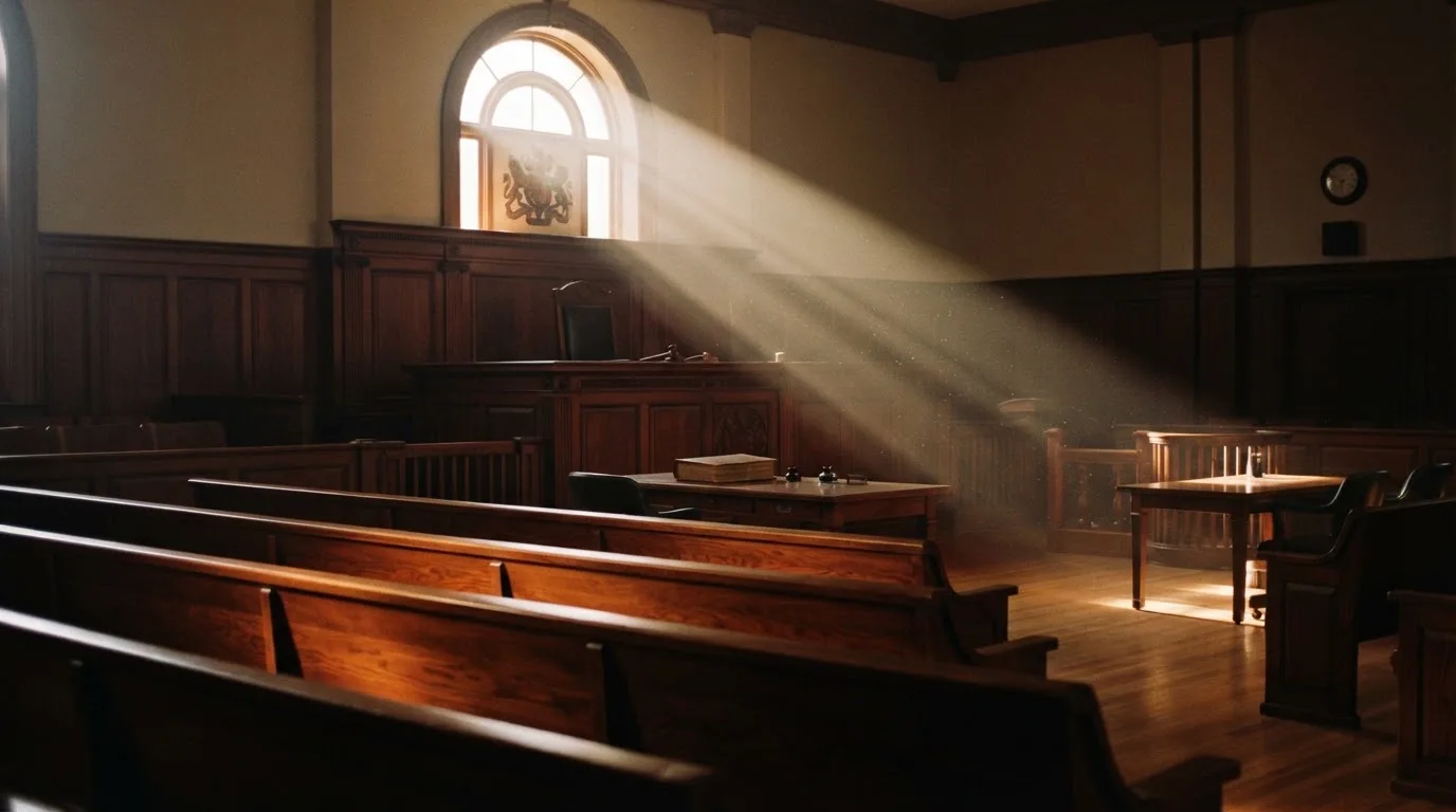 An empty courtroom with wooden benches in morning light