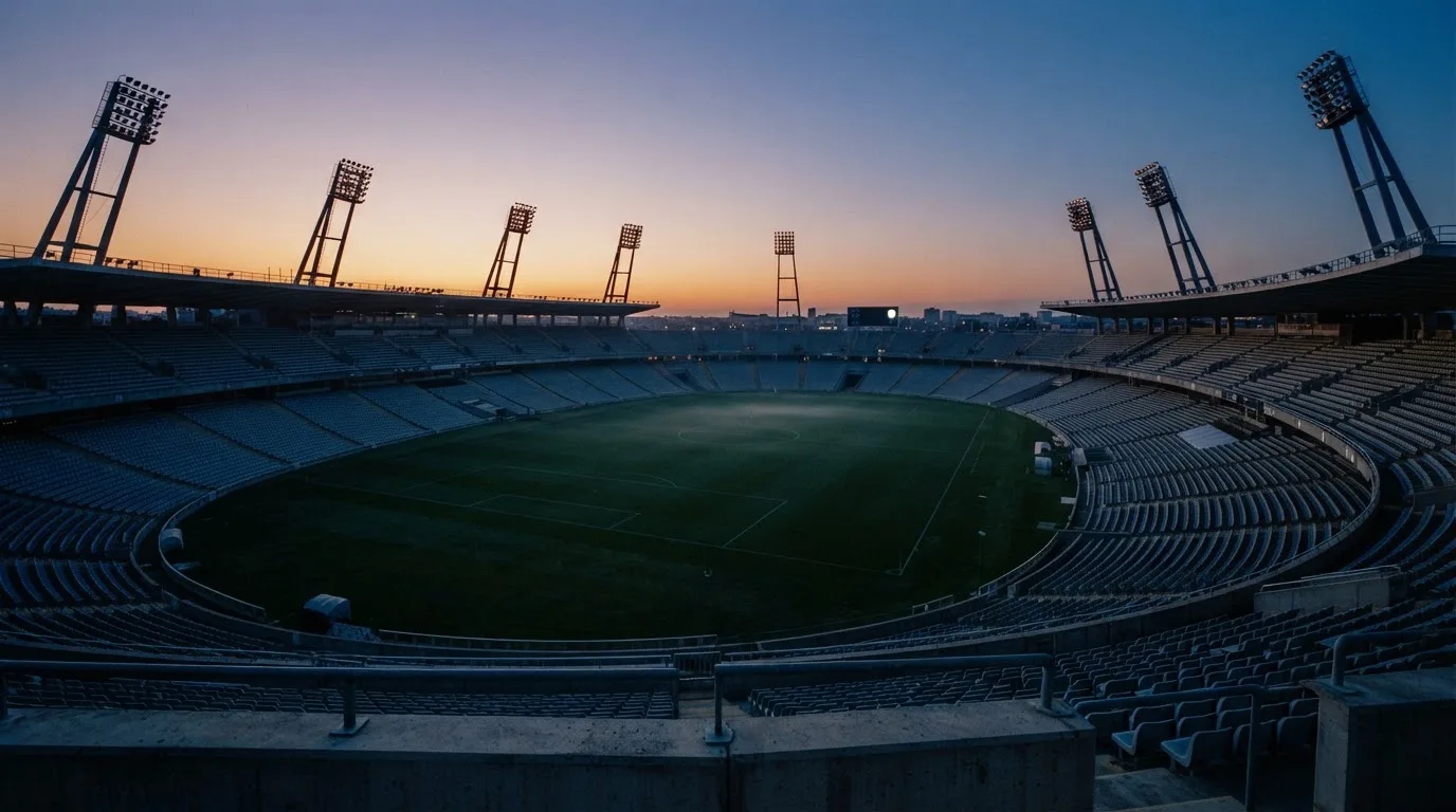 An empty football stadium with floodlight masts at dusk