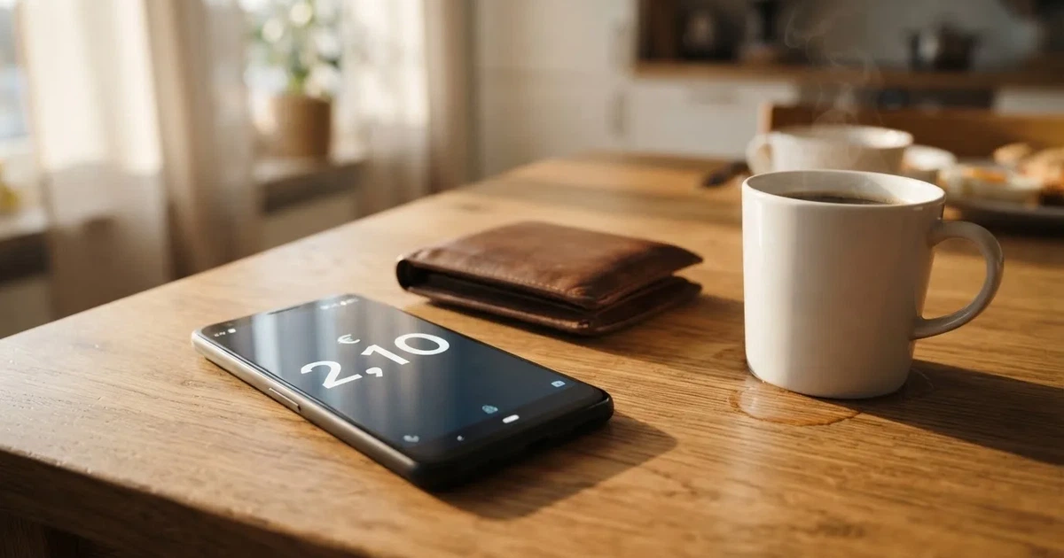 A smartphone on a wooden table beside a wallet and a coffee cup