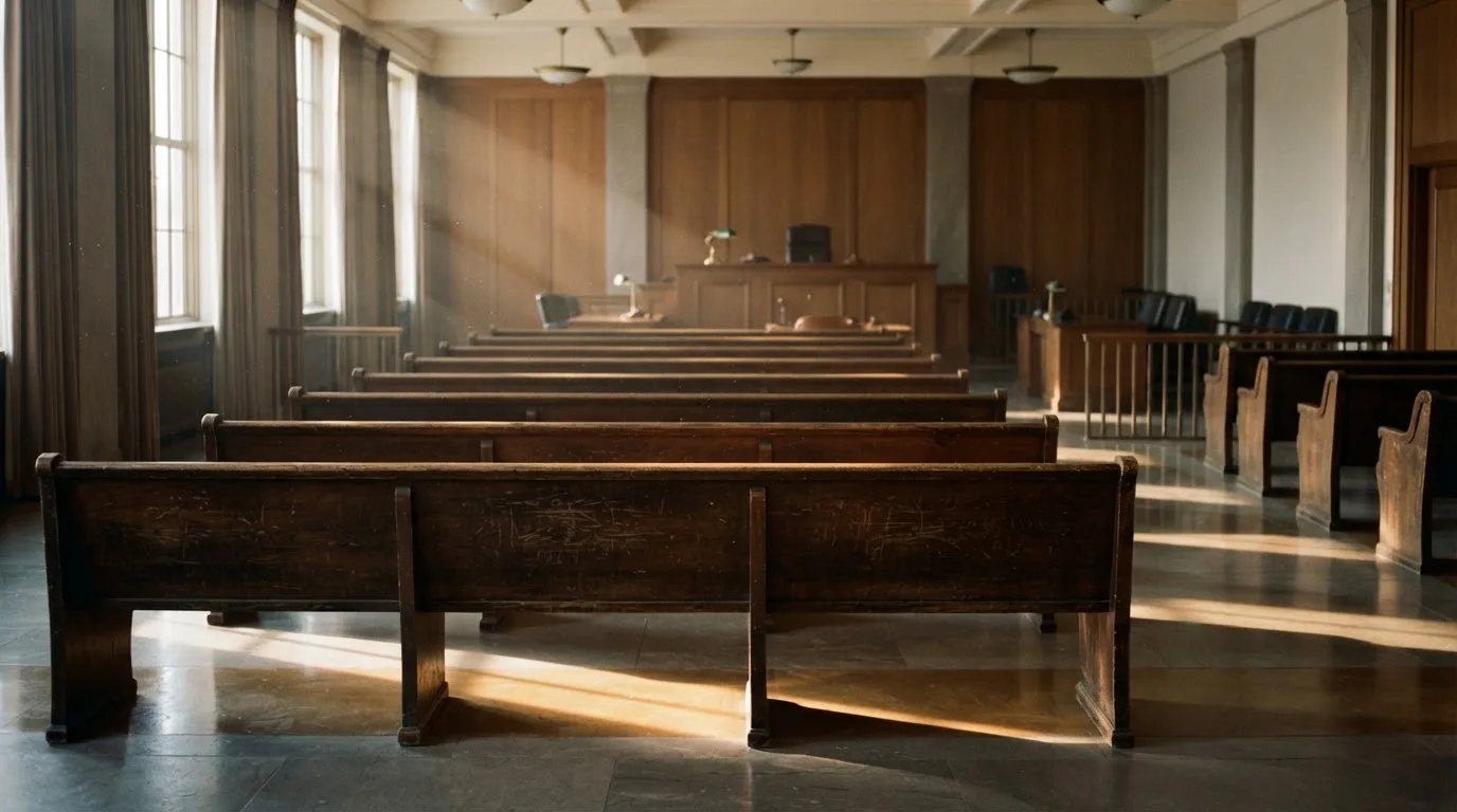 An empty courtroom with wooden benches in morning light