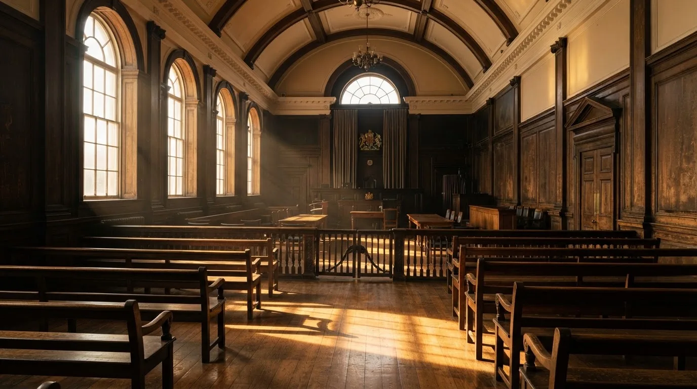 An empty courtroom with wooden benches in morning light