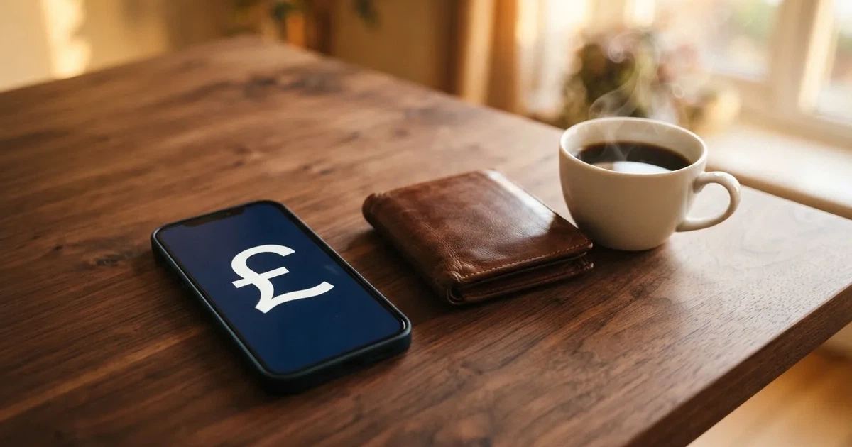 A smartphone on a wooden table beside a wallet and a coffee cup