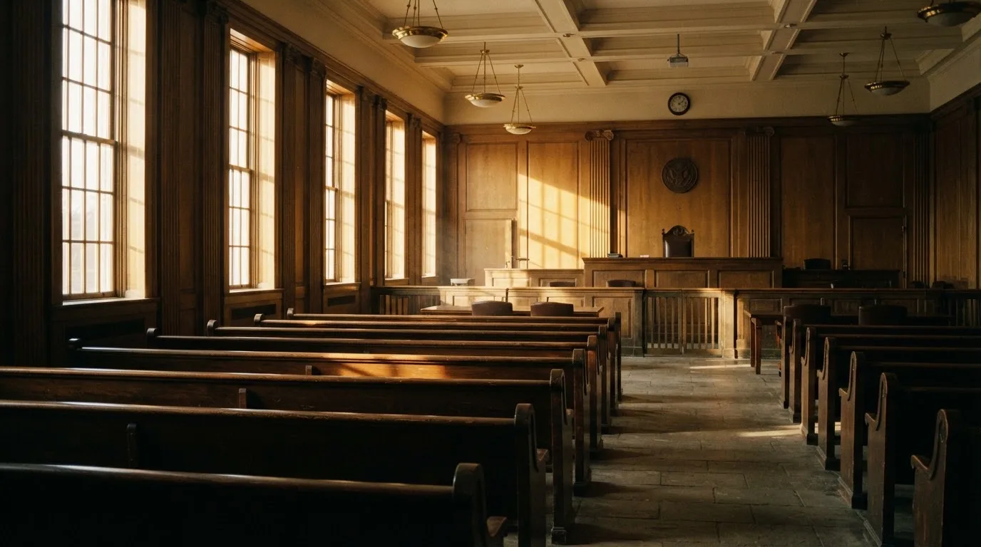 An empty courtroom with wooden benches in morning light