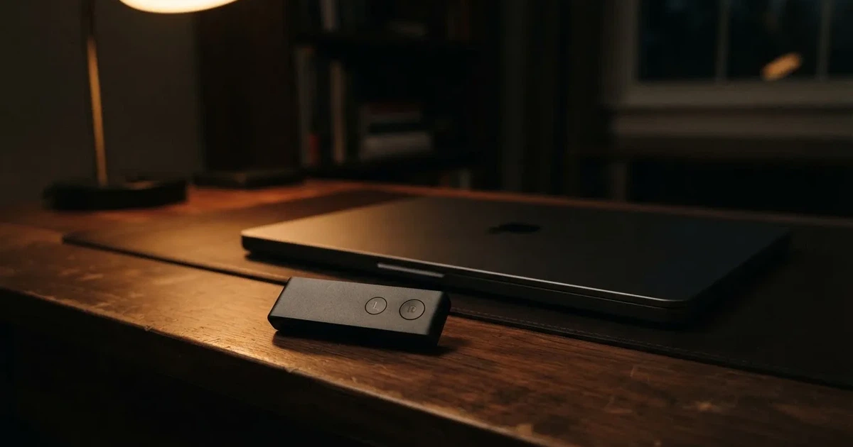 A hardware wallet and a closed laptop on a desk in dim light