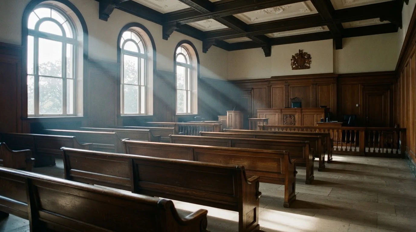 An empty courtroom with wooden benches in morning light