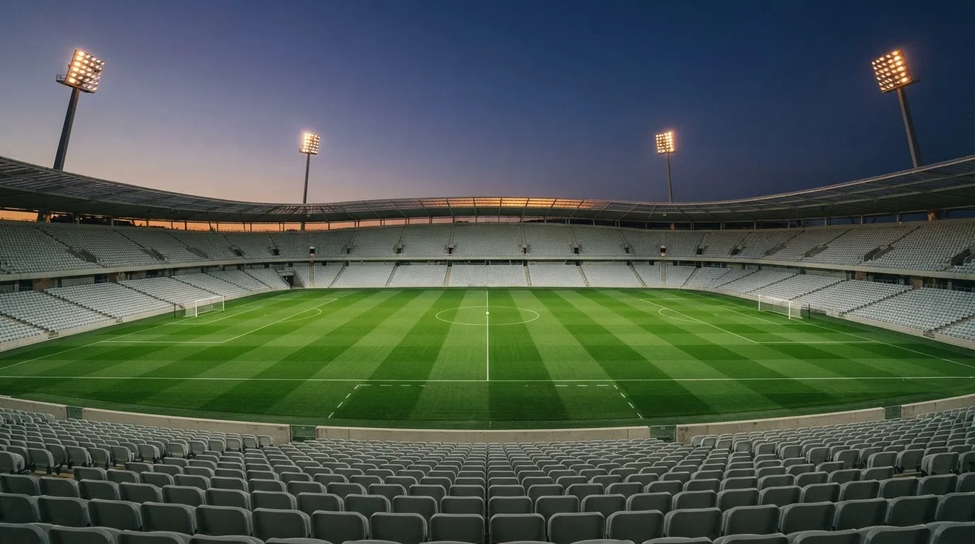 An empty football stadium with floodlight masts at dusk