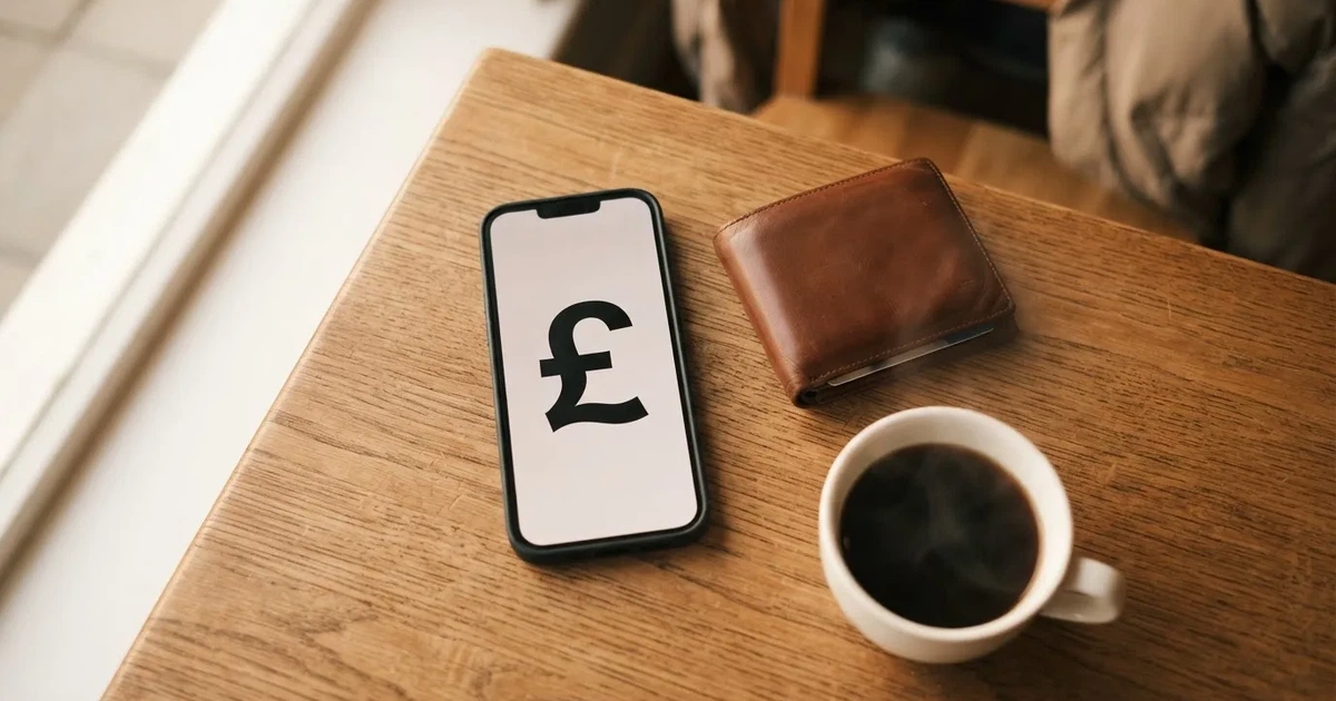 A smartphone on a wooden table beside a wallet and a coffee cup