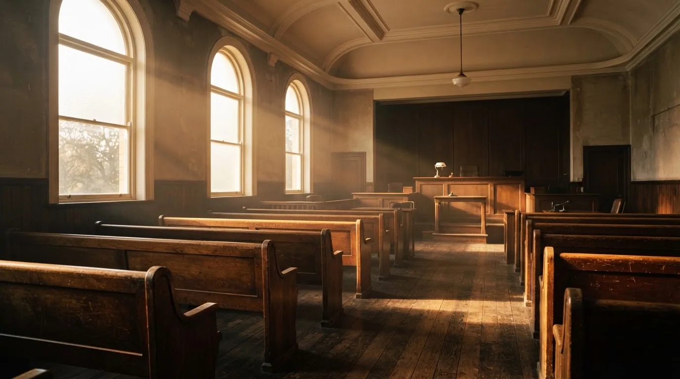 An empty courtroom with wooden benches in morning light
