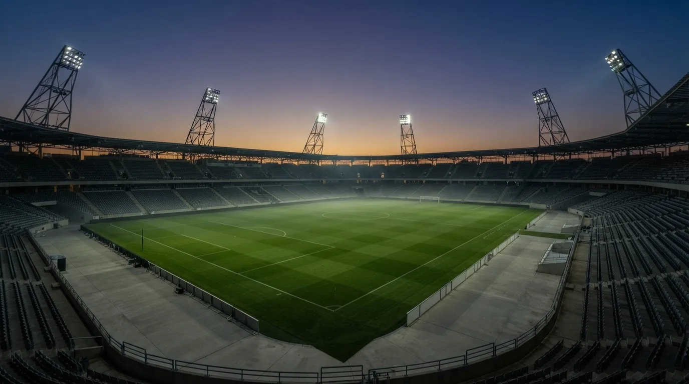 An empty football stadium with floodlight masts at dusk