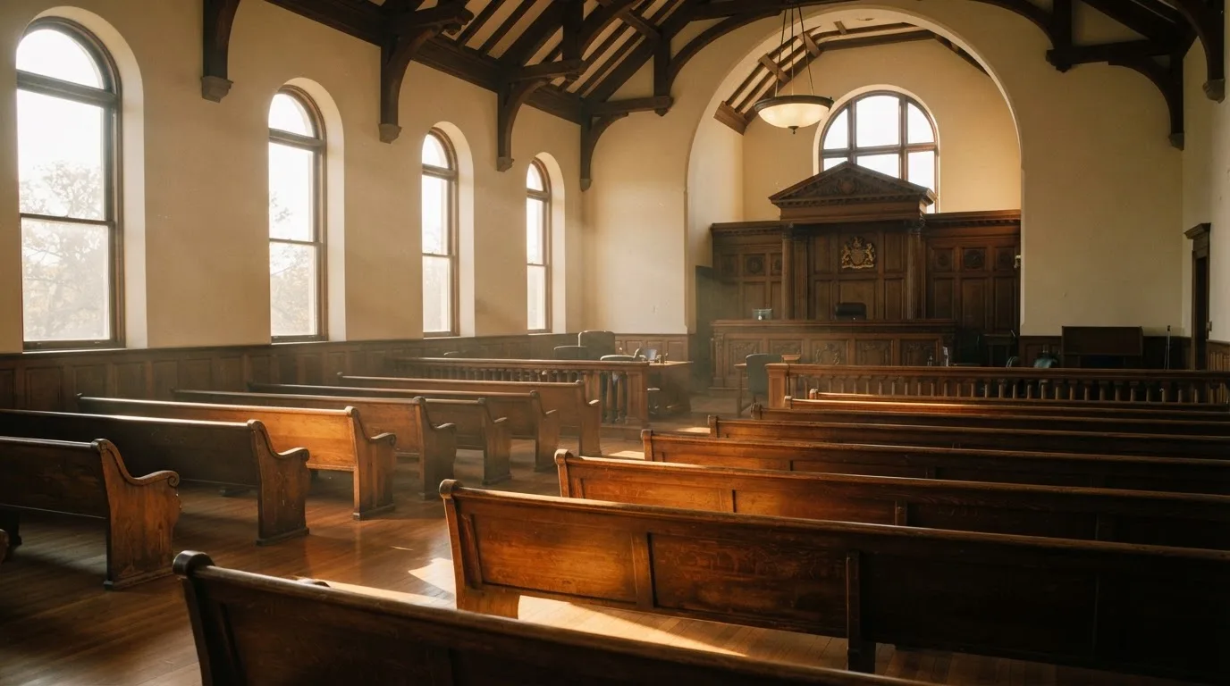 An empty courtroom with wooden benches in morning light