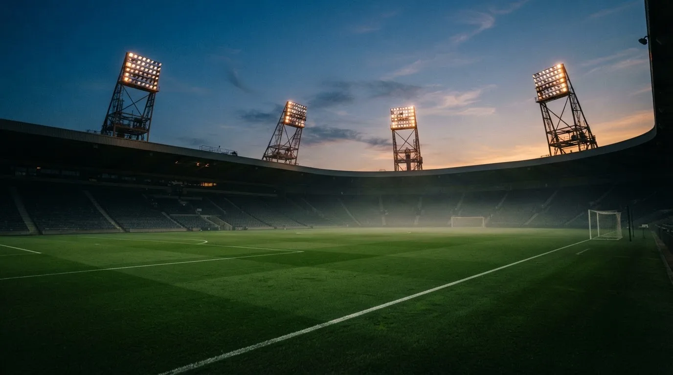 An empty football stadium with floodlight masts at dusk