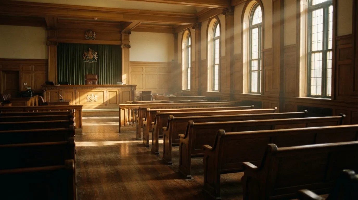 An empty courtroom with wooden benches in morning light