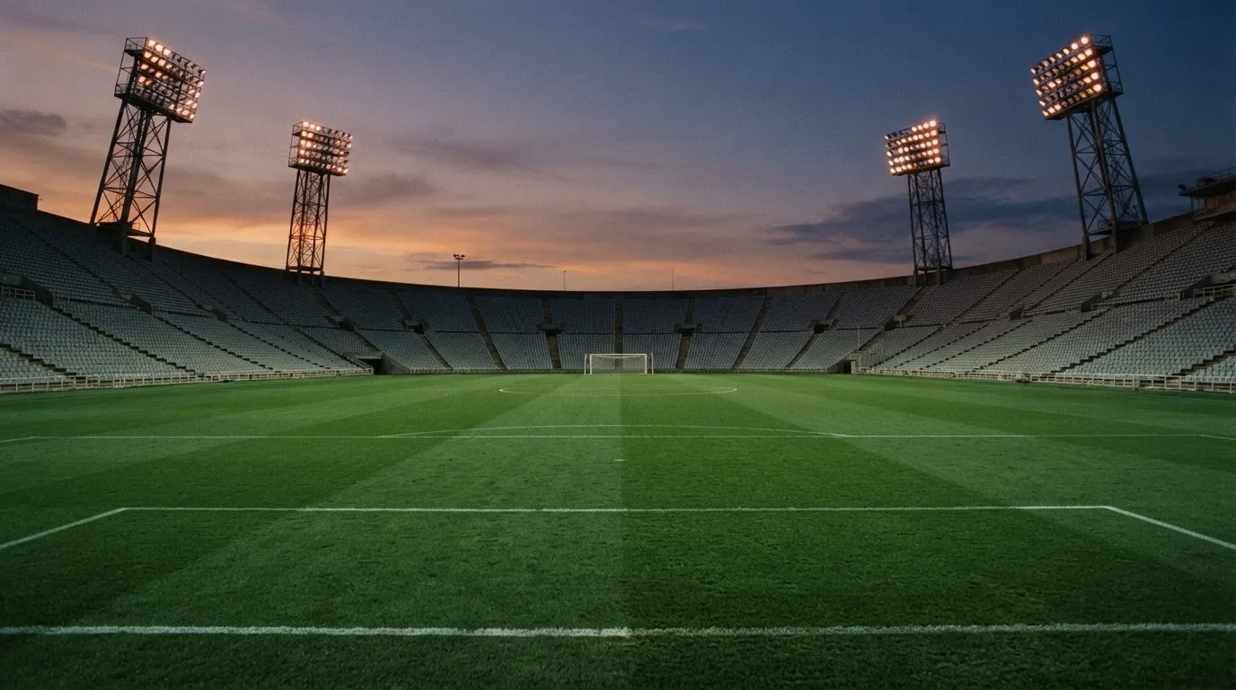 An empty football stadium with floodlight masts at dusk