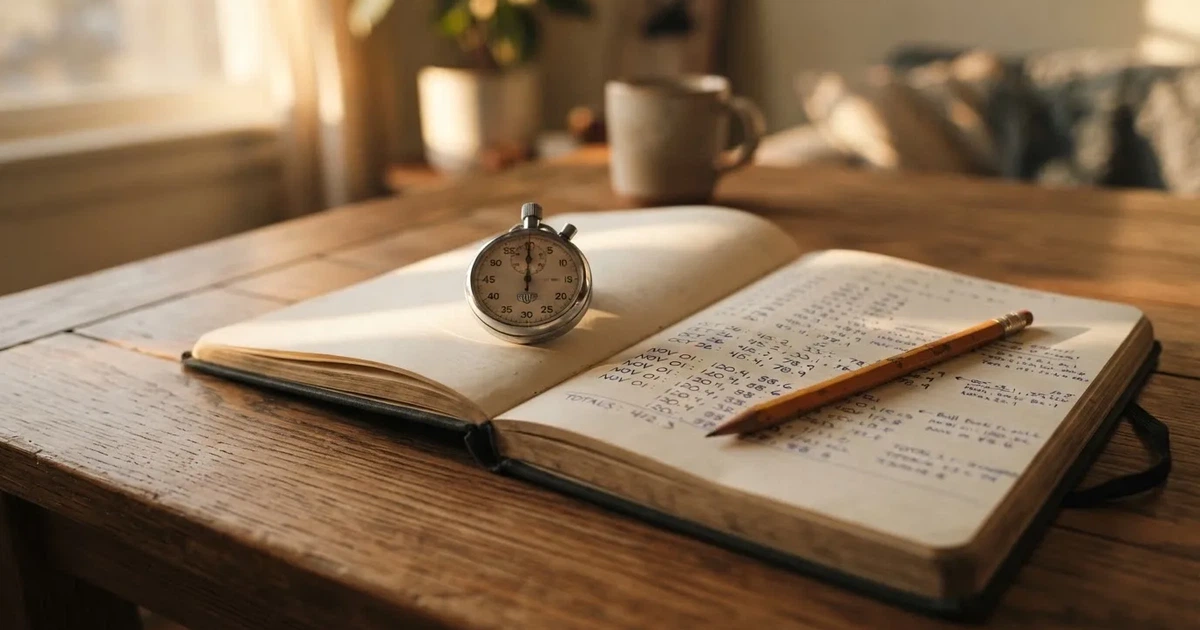 An open notebook with a pencil and a stopwatch on a wooden table