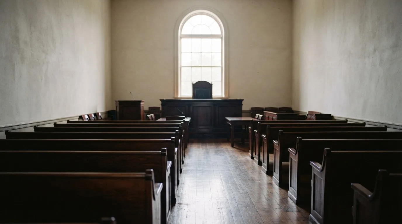 An empty courtroom with wooden benches in morning light
