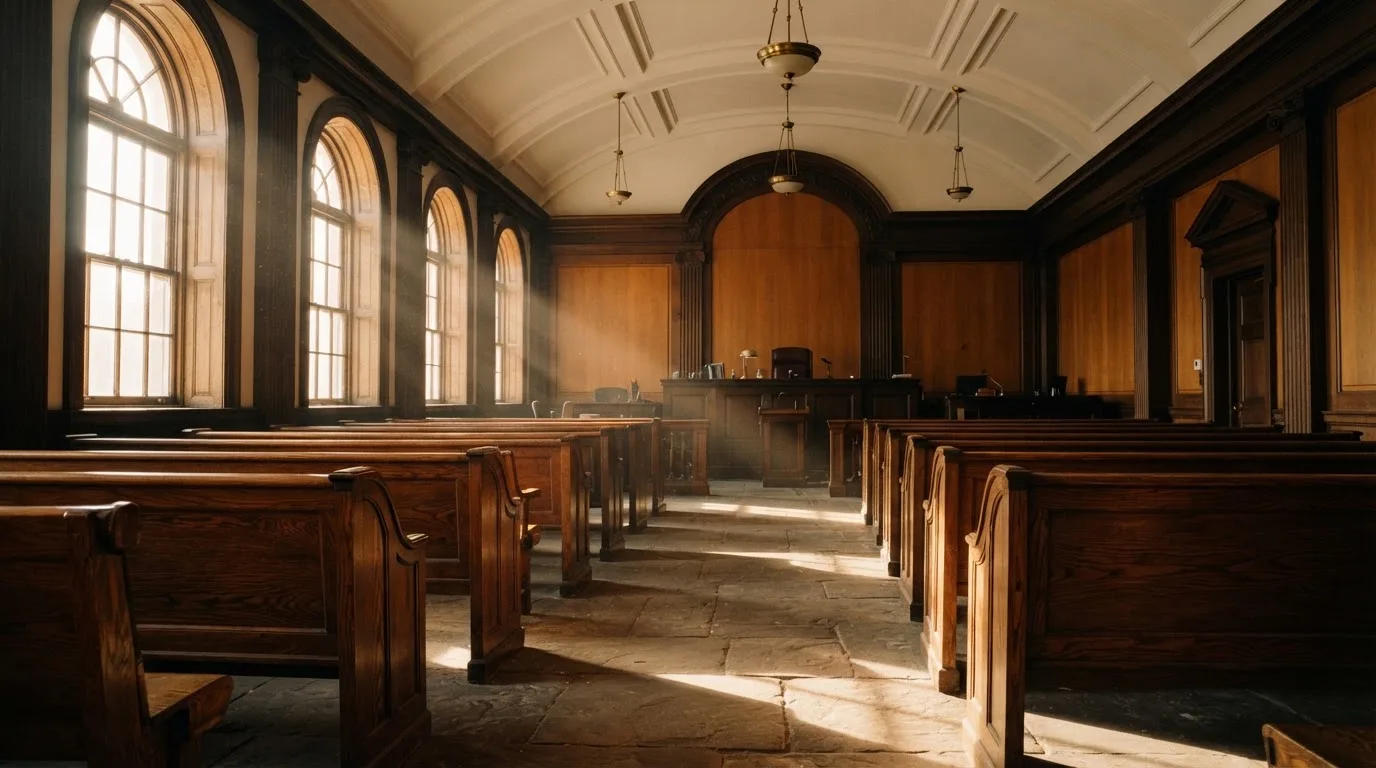 An empty courtroom with wooden benches in morning light
