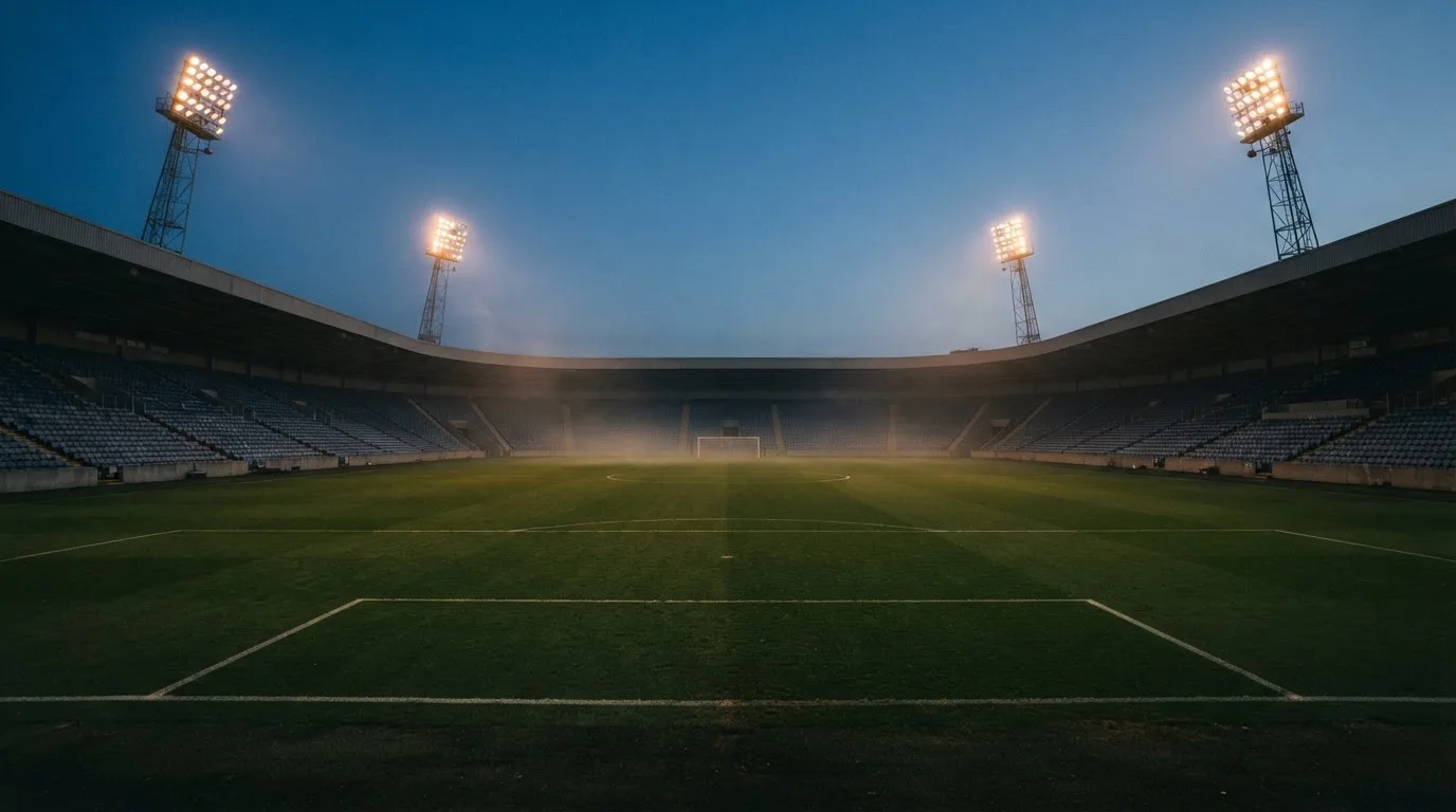 An empty football stadium with floodlight masts at dusk