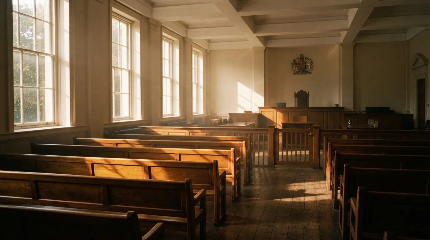 An empty courtroom with wooden benches in morning light