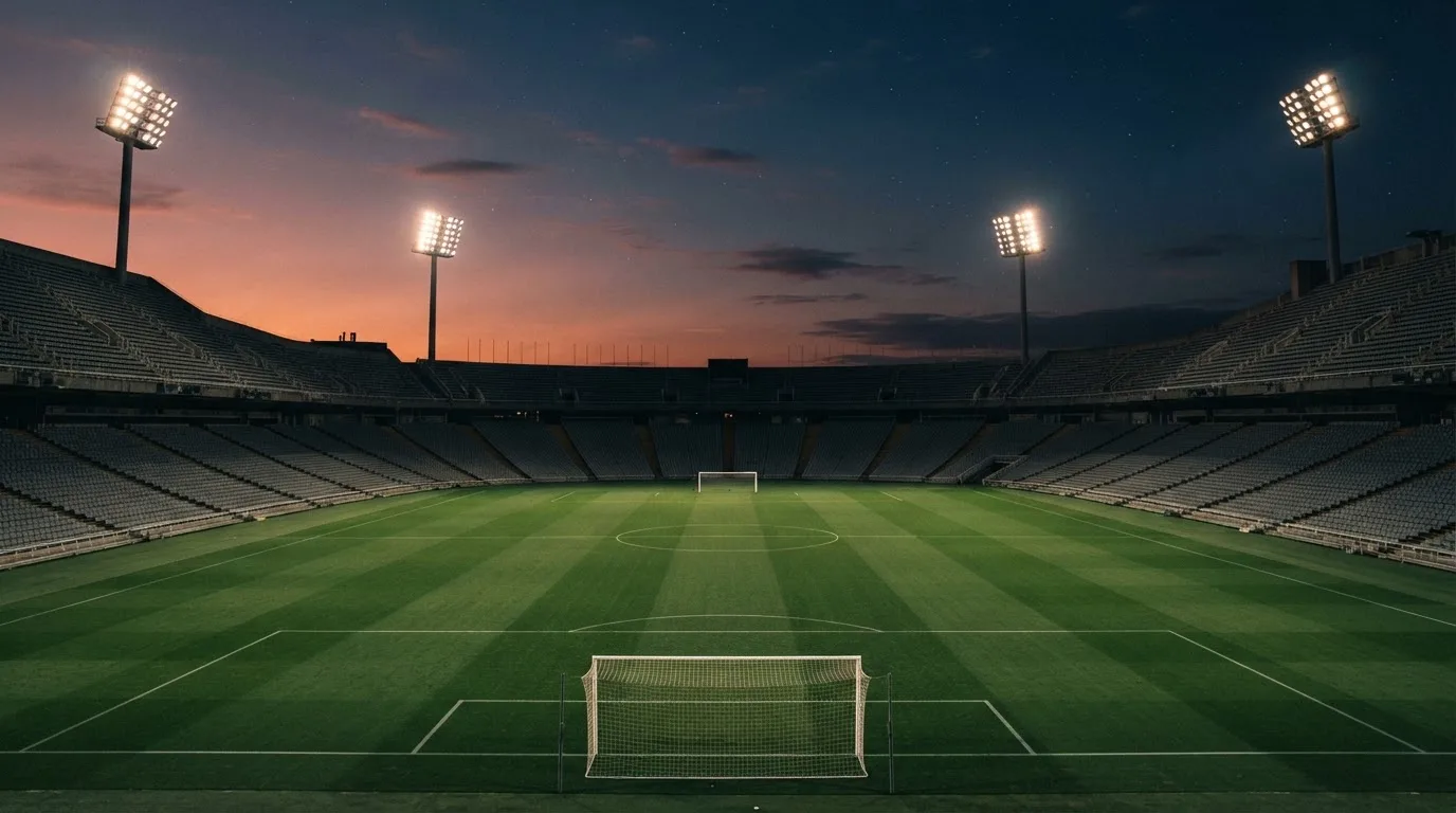 An empty football stadium with floodlight masts at dusk