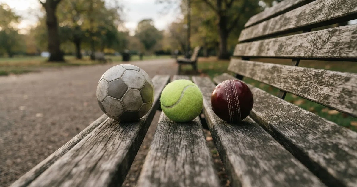 Three balls of different kinds side by side on a wooden bench
